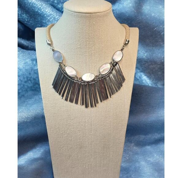 Loft Abalone Shell Silver Fringe Bib Statement Necklace with Braided Beige Cord - Picture 2 of 6